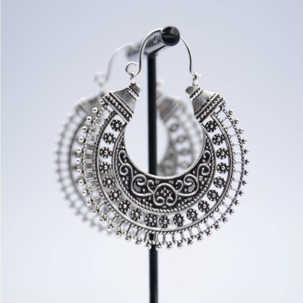 New Wildflower Wander Mandala Antique Sterling Silver Hollow Out Hoop Earrings - Picture 16 of 16